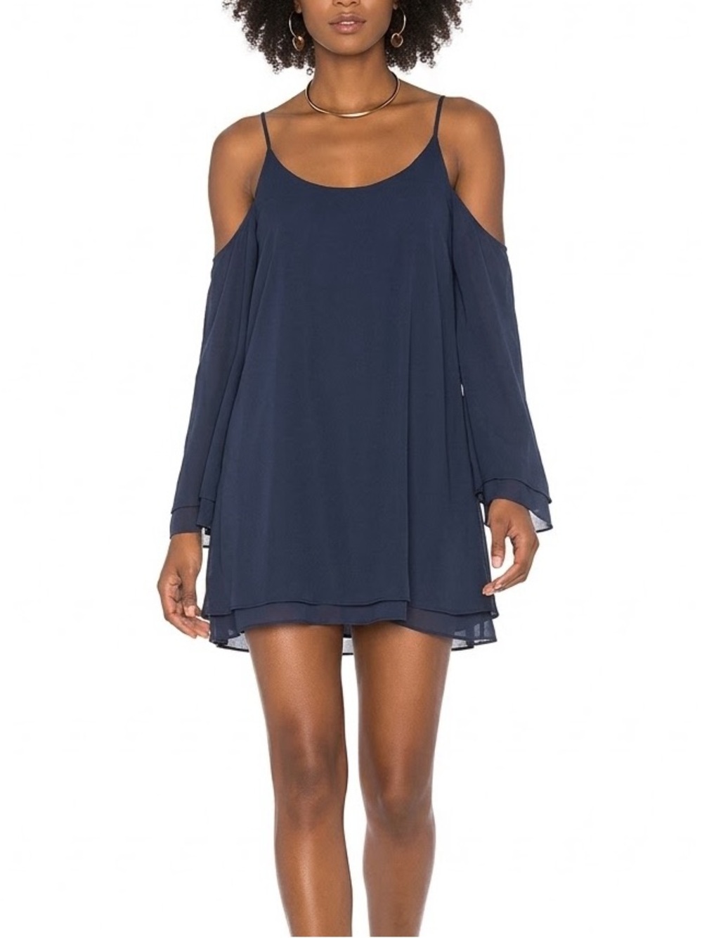 Lovers + Friends Women’s Sz Small US Cold Shoulder Bell Sleeve Mini Dress Navy